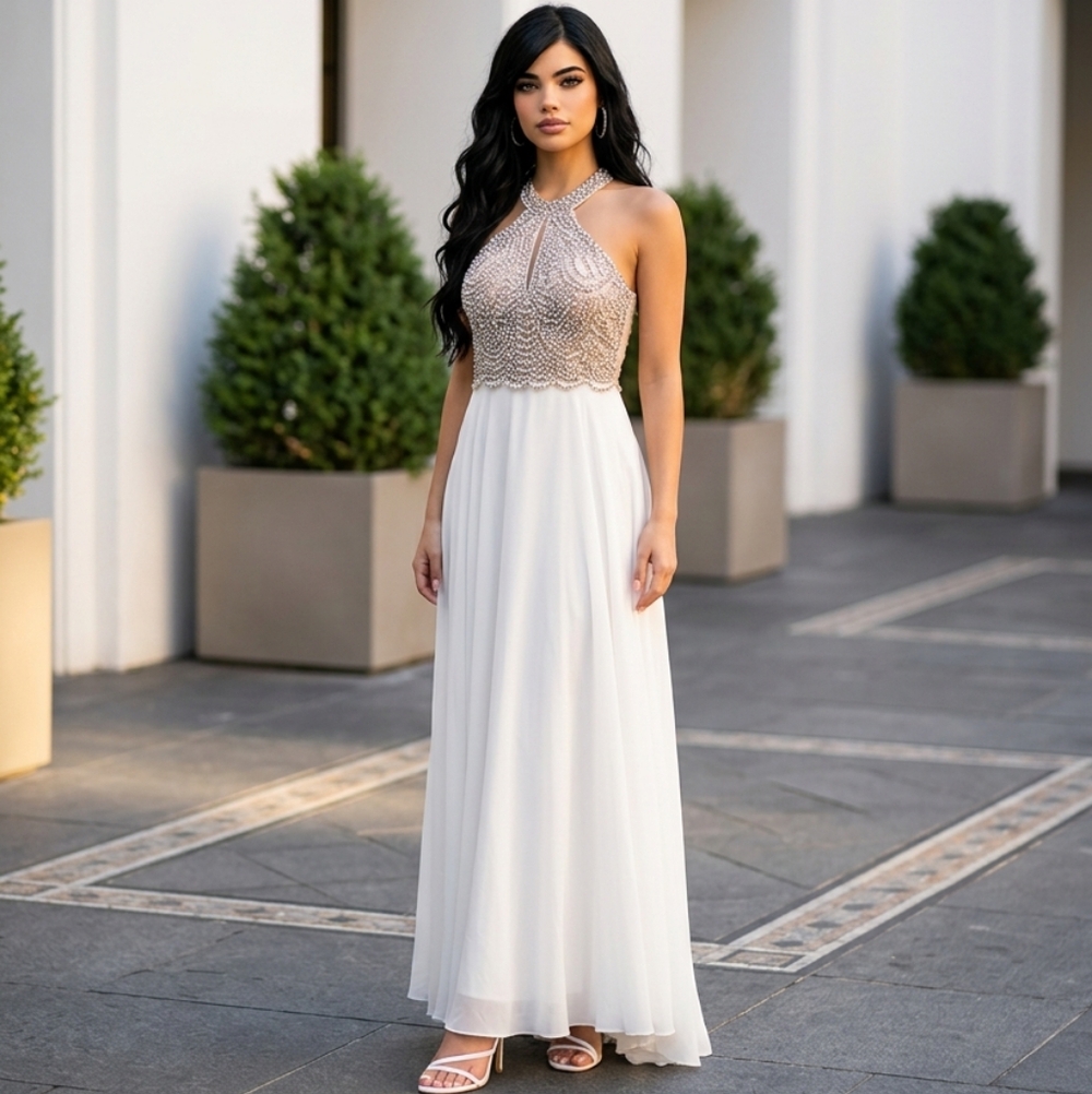 Renaissance Beaded Halter Bodice Maxi Dress in Ivory: Sz 4 Small Stains On Train